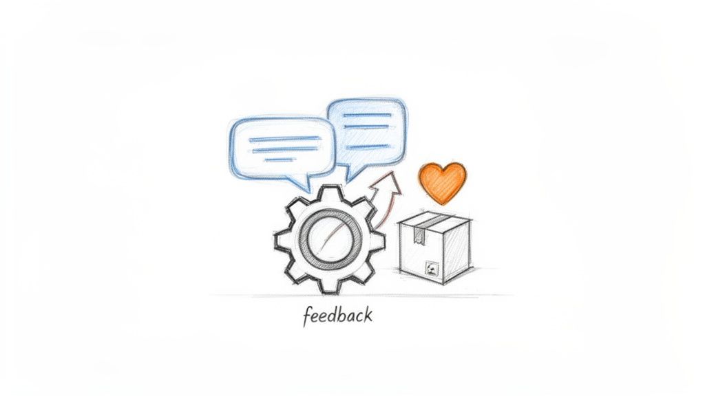 A sketch illustrating customer feedback: gear, two speech bubbles, arrow, box, and a heart.