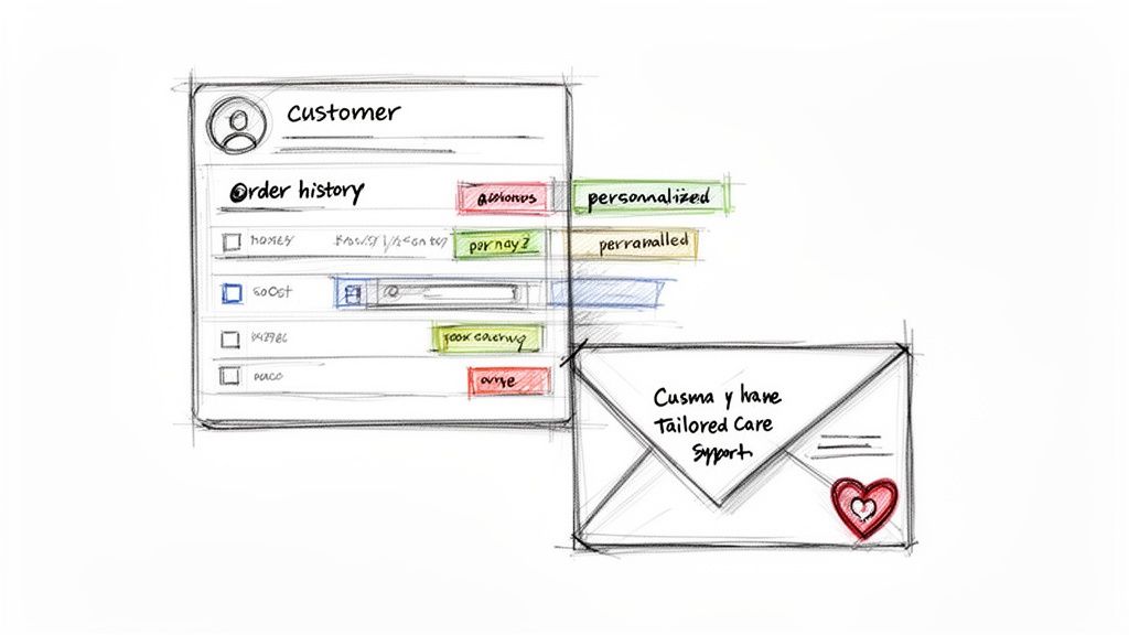 A hand-drawn sketch depicting a customer's order history and an envelope for tailored care support.