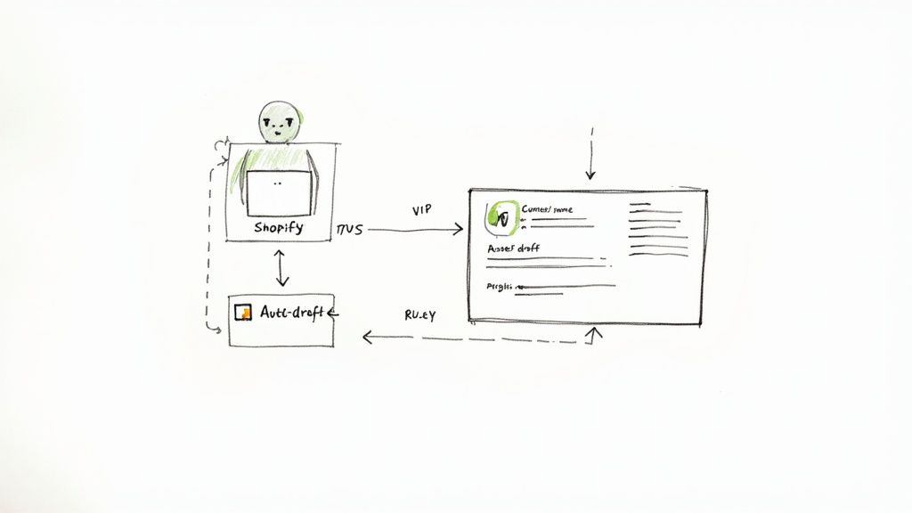 Hand-drawn diagram illustrating a Shopify workflow with user interaction, auto-drafting, and asset management.
