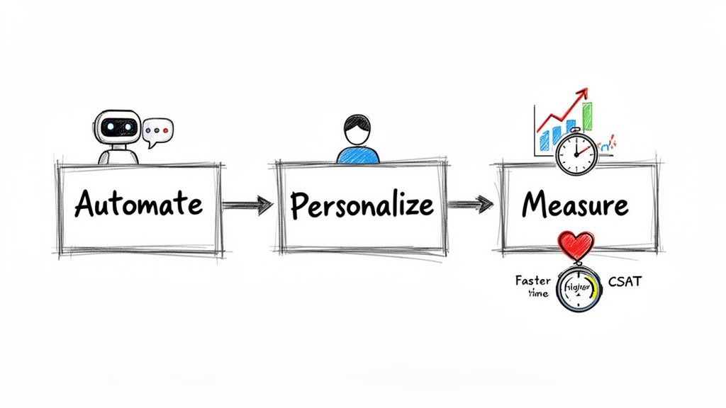 Workflow diagram showing automation, personalization, and measurement for improved customer service KPIs.