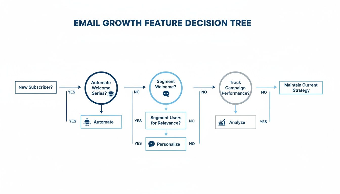 Email growth feature decision tree outlining steps for new subscribers, automation, and personalization.