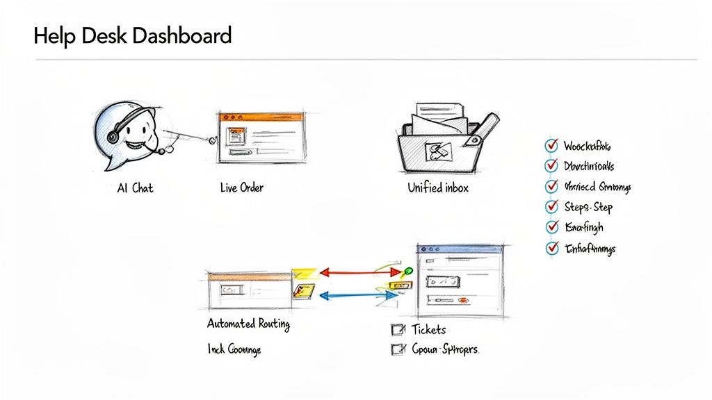 Sketched diagram of a help desk dashboard showing AI chat, live orders, unified inbox, and automated routing processes.