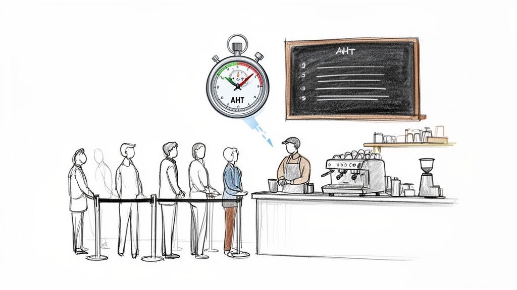 Illustration of customers queuing at a coffee shop, a barista serving, and a stopwatch showing 'AHT'.