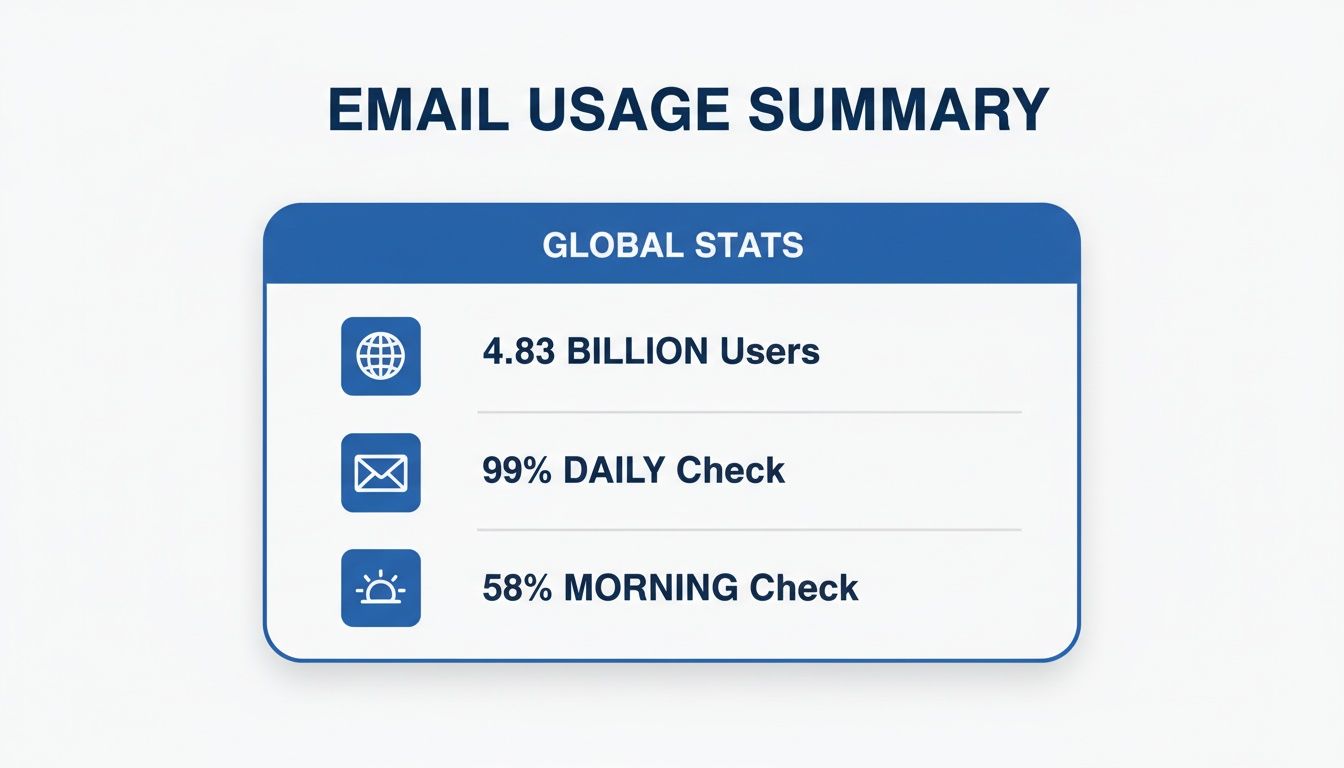 An infographic summarizing global email usage statistics, showing 4.83 billion users, 99% daily checks, and 58% morning checks.