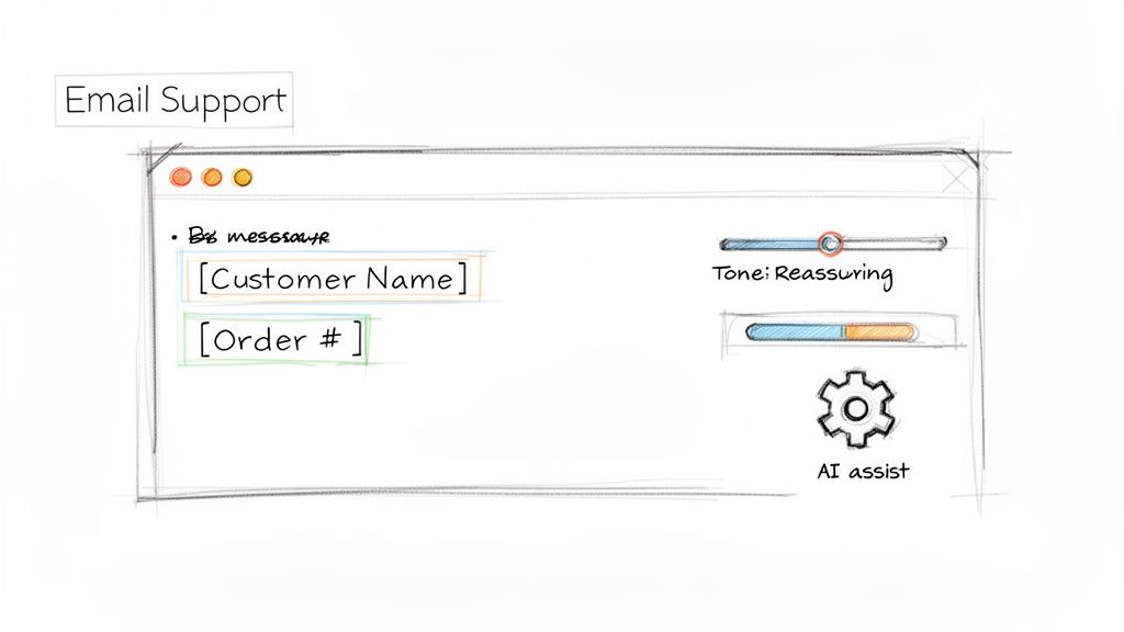 A sketch of an email support interface with fields for customer name and order number, featuring AI assist and tone adjustment.