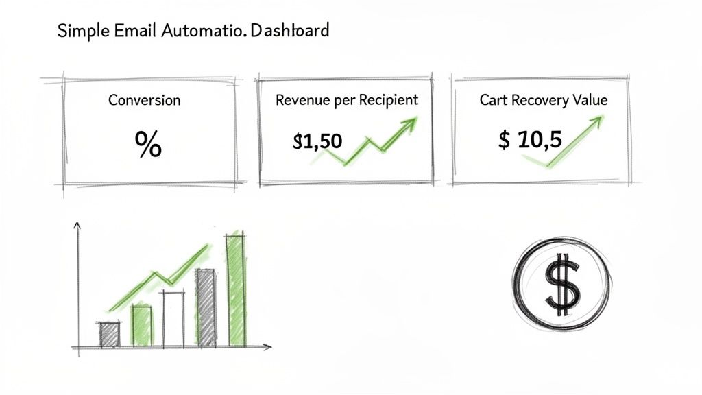 Email automation dashboard displaying conversion, revenue per recipient, and cart recovery value with positive growth trends.