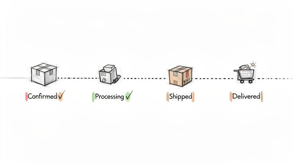 An illustration showing a four-step order delivery process: Confirmed, Processing, Shipped, and Delivered.