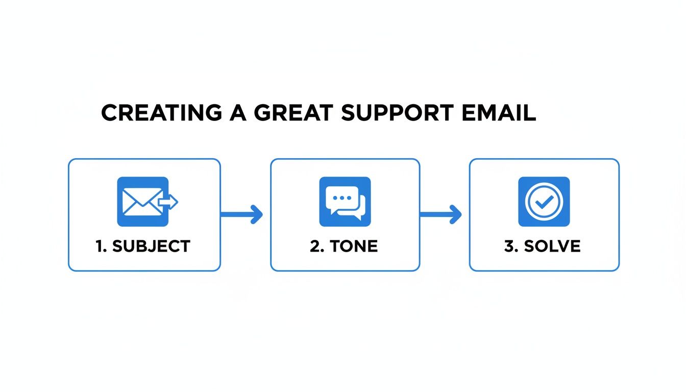 Flowchart outlining three key steps to creating a great support email: Subject, Tone, and Solve.
