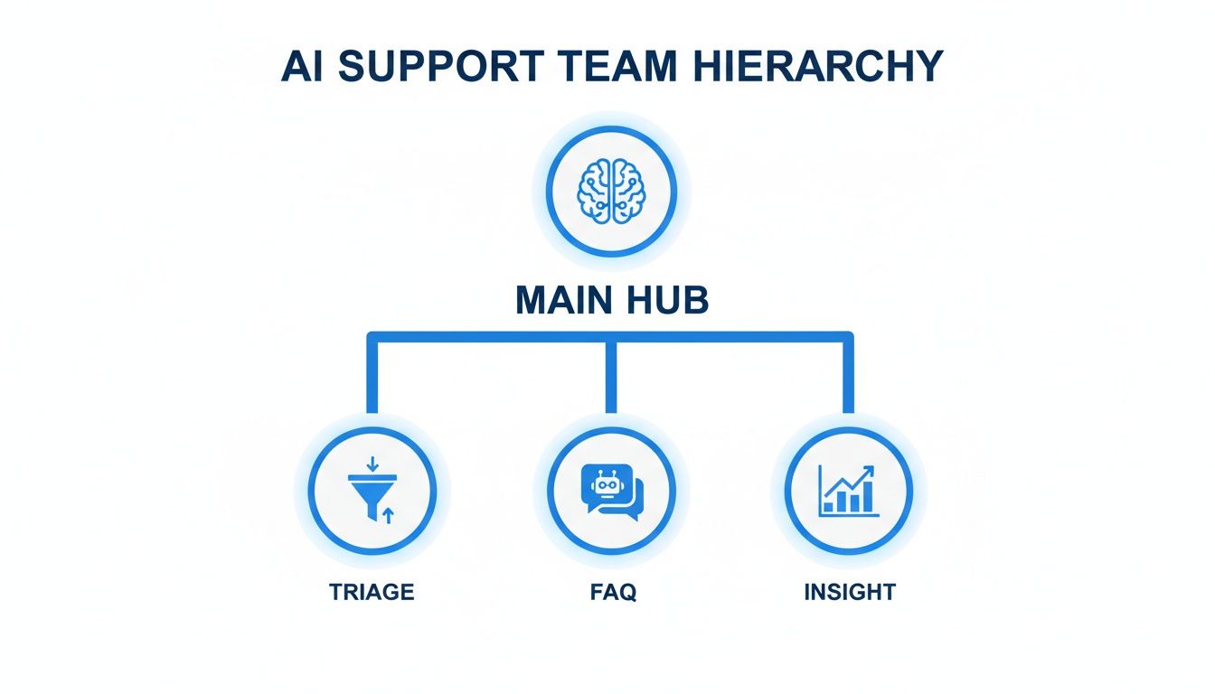 A hierarchy diagram showing an AI support team with a main hub connected to triage, FAQ, and insight functions.