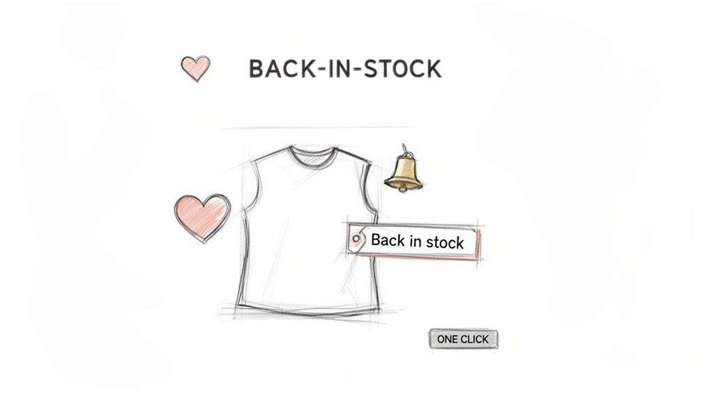 A sketched interface showing a back-in-stock notification system with a t-shirt, heart, and bell icons.