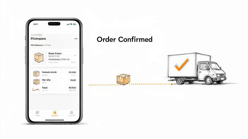 A smartphone displaying an order confirmed screen with item details and an animated delivery truck.