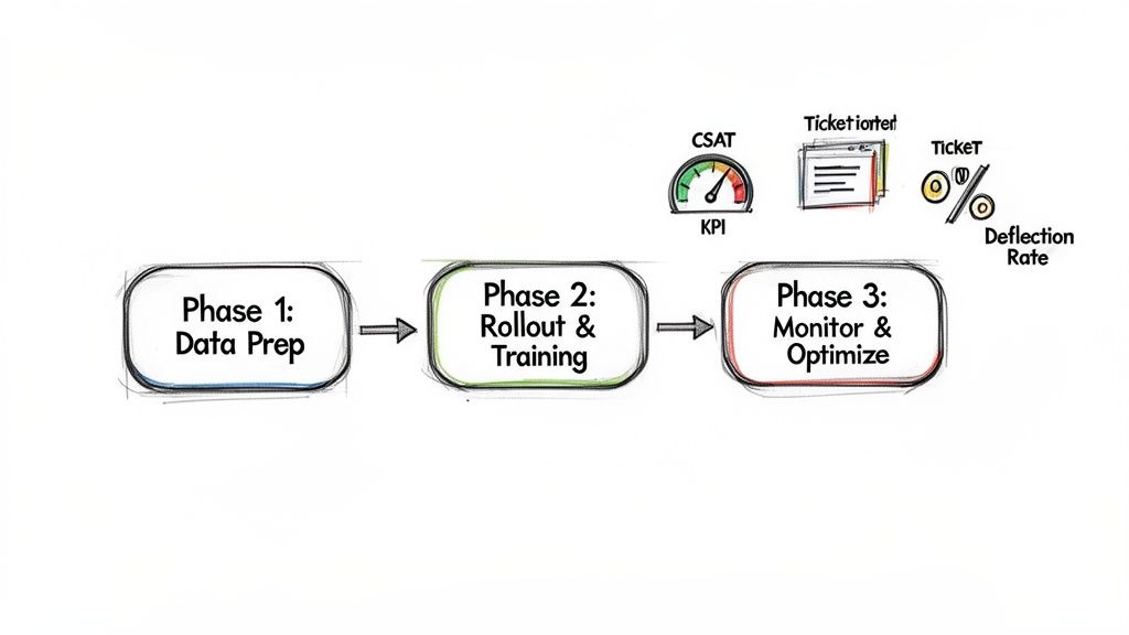 A three-phase process flowchart: Data Prep, Rollout & Training, and Monitor & Optimize, with KPIs.