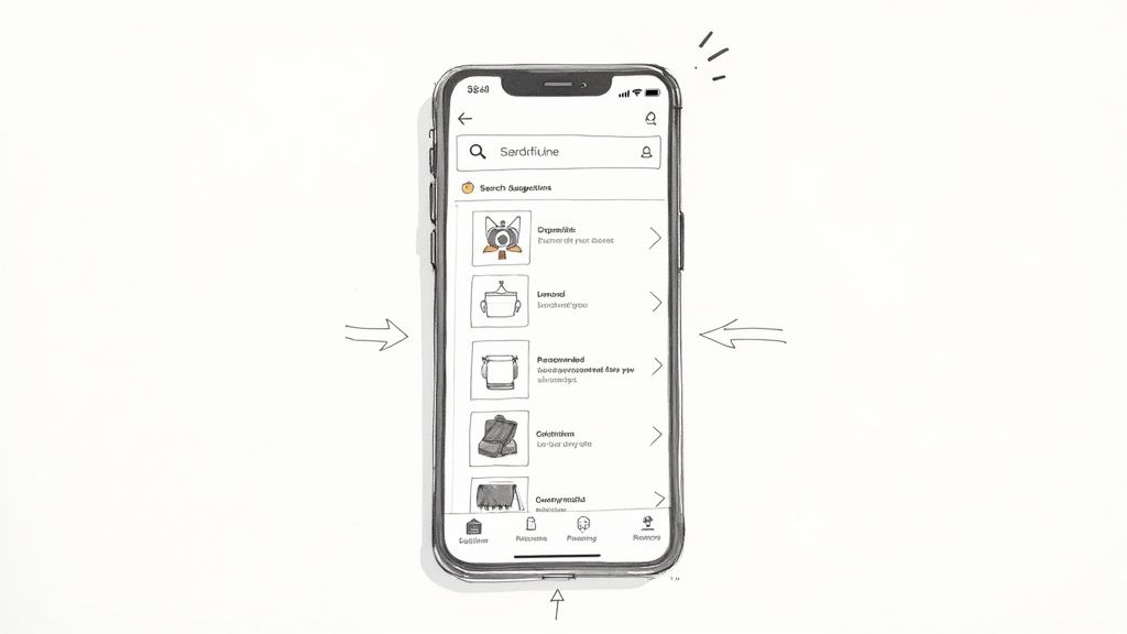 Smartphone app displaying search suggestions with various items and text descriptions.