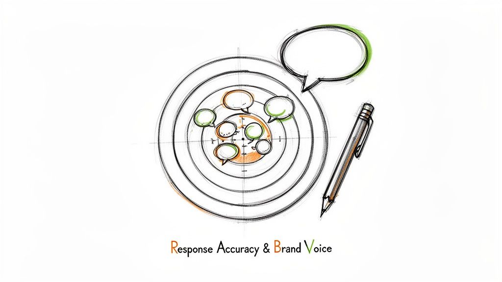 Illustration of a target with speech bubbles and text: 'Response Accuracy & Brand Voice'.