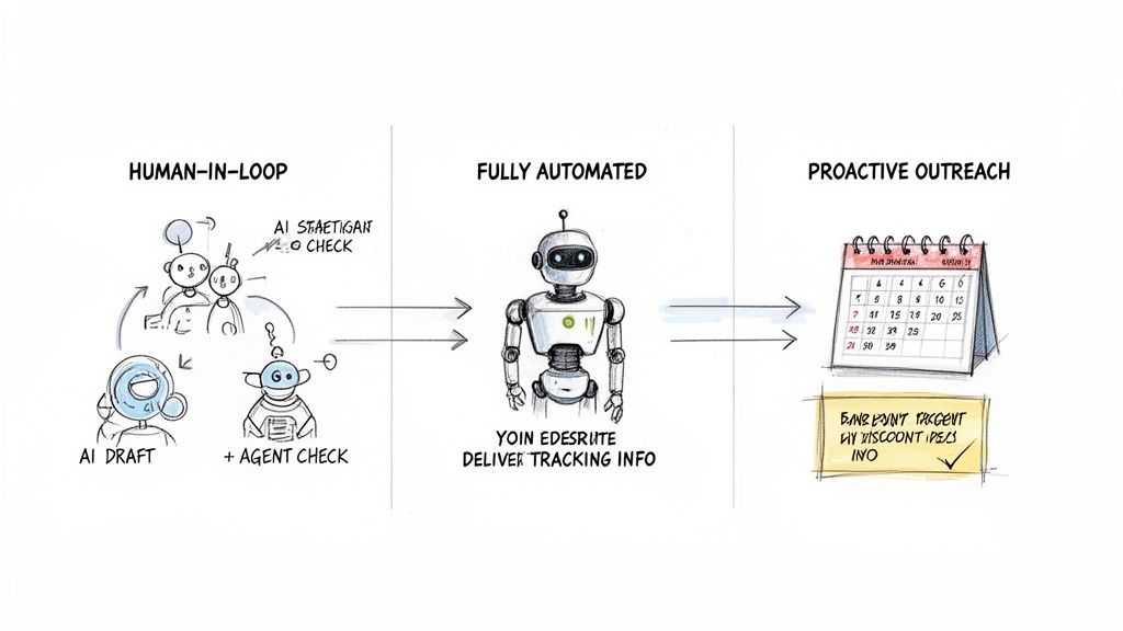 Workflow illustration showing human-in-loop AI, fully automated tasks, and proactive customer outreach with a calendar.