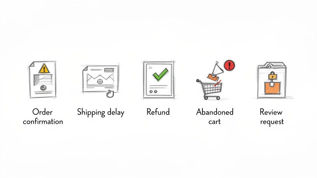 Illustrations depicting common e-commerce scenarios: order confirmation, shipping delay, refund, abandoned cart, and review request.