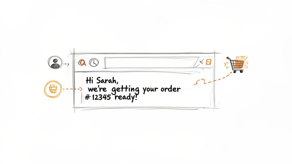 Hand-drawn sketch of an email message confirming an online order is getting ready, with a shopping cart.