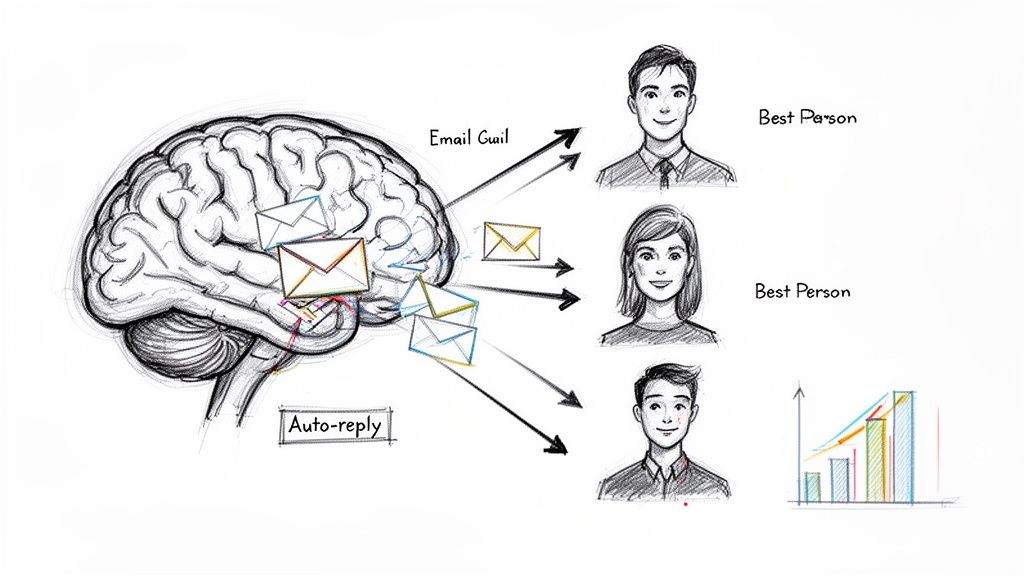 A sketch of a brain sending emails, some labeled 'Email Guile' to people, others 'Auto-reply' to a person and growth chart.