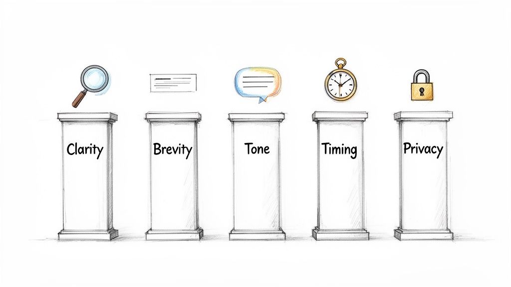 Five pillars with icons represent key email etiquette principles: Clarity, Brevity, Tone, Timing, Privacy.