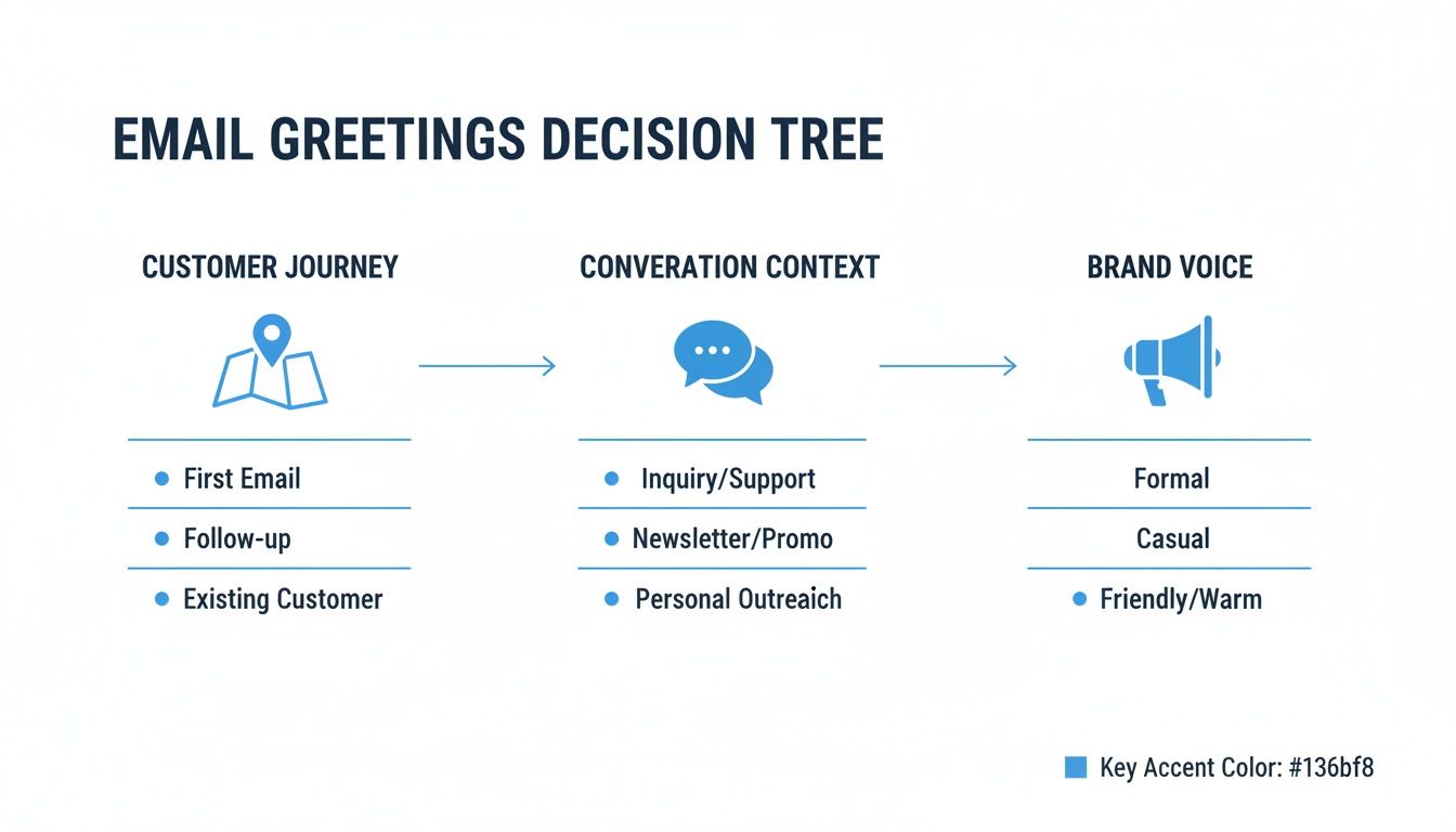 Email greetings decision tree outlining customer journey, conversation context, and brand voice.