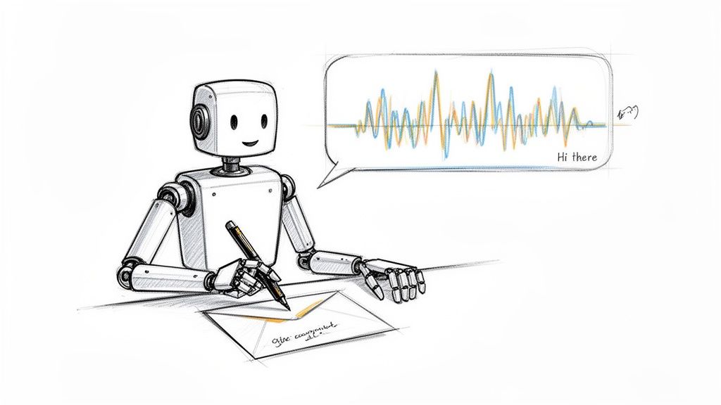 A friendly robot writes on an envelope with a pen, speaking 'Hi there' via a sound wave speech bubble.
