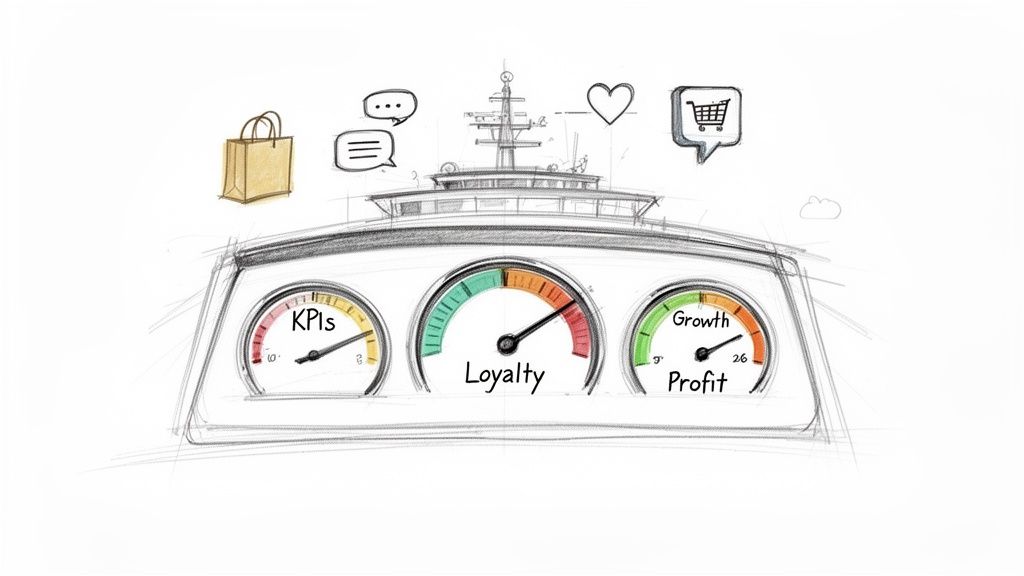 Sketch of a dashboard with gauges for KPIs, Loyalty, and Profit, surrounded by business icons.