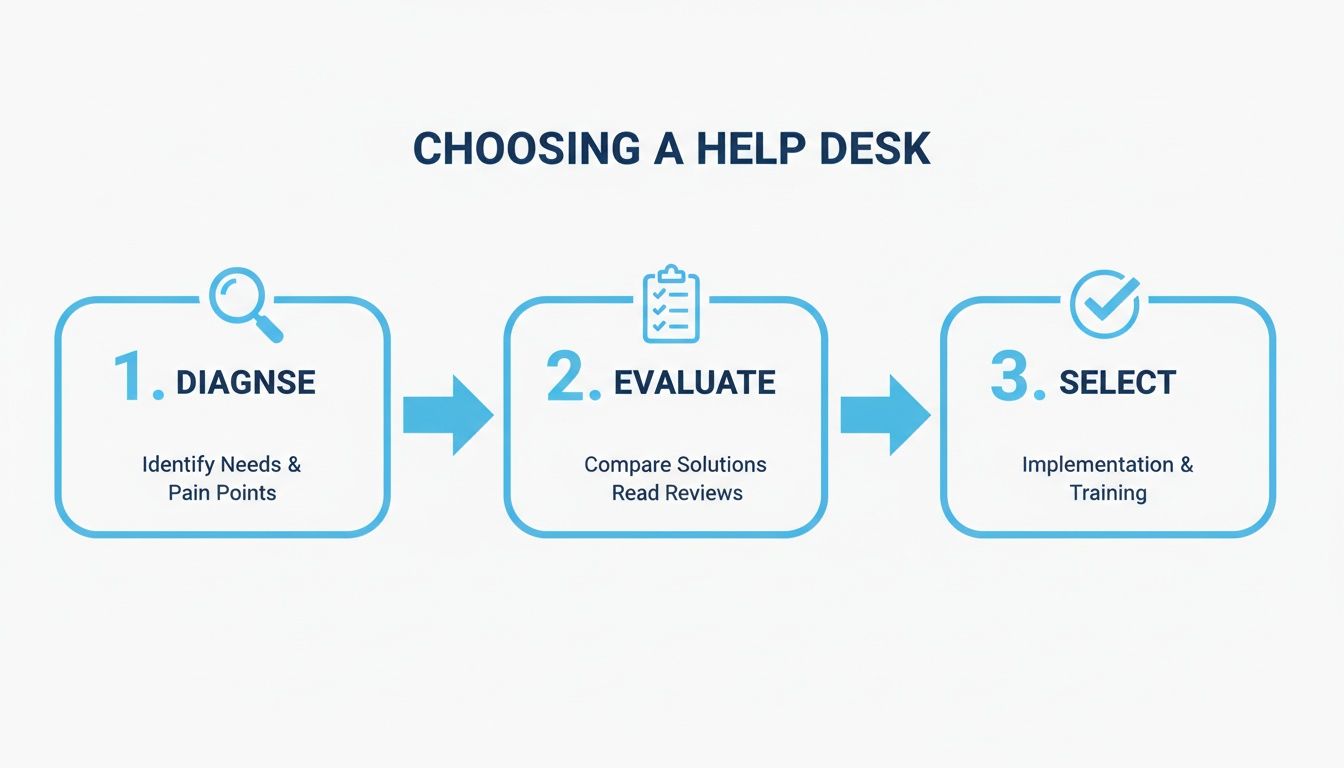 Flowchart outlining three steps to choosing a help desk: diagnose, evaluate, and select.