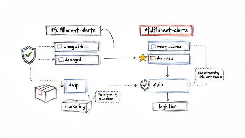 Workflow diagram for fulfillment alerts, showing paths for wrong address and damaged items, involving VIP, marketing, and logistics.