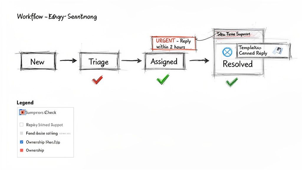 Workflow diagram showing steps from new to resolved with urgency and support details, including a legend.