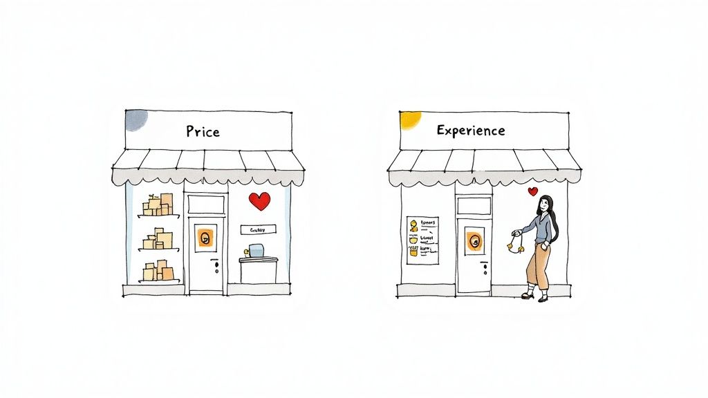 Illustration of two cartoon storefronts, 'Price' filled with boxes and 'Experience' with a happy customer.