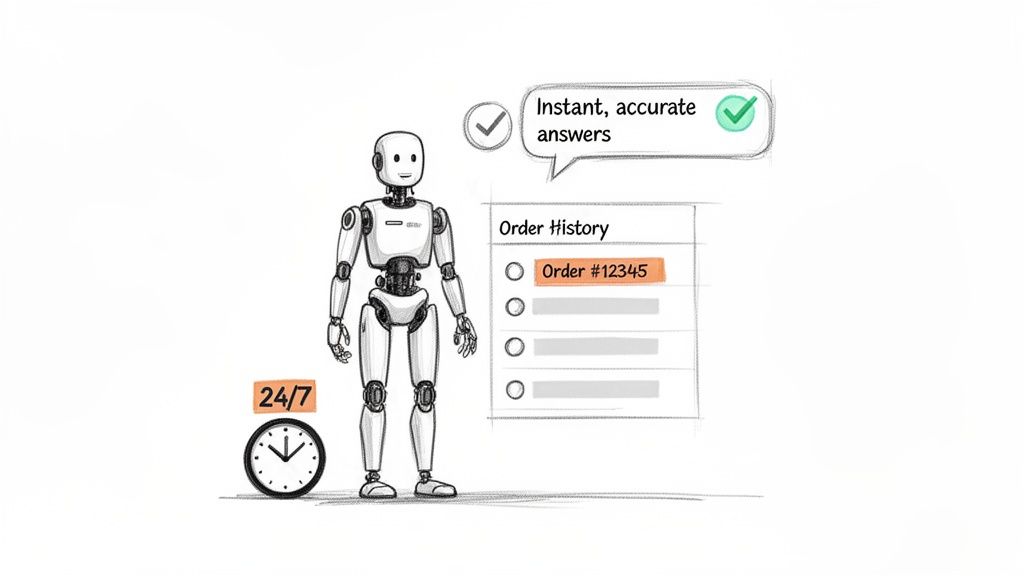 A robot offers 24/7 instant, accurate answers and displays an order history list.