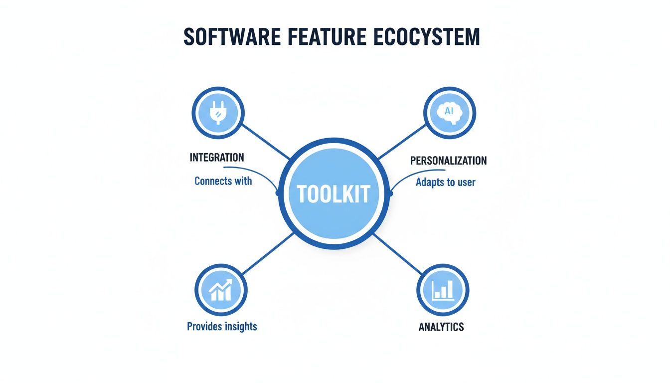 Diagram illustrating a software feature ecosystem centered on a toolkit, featuring integration, personalization, insights, and analytics.