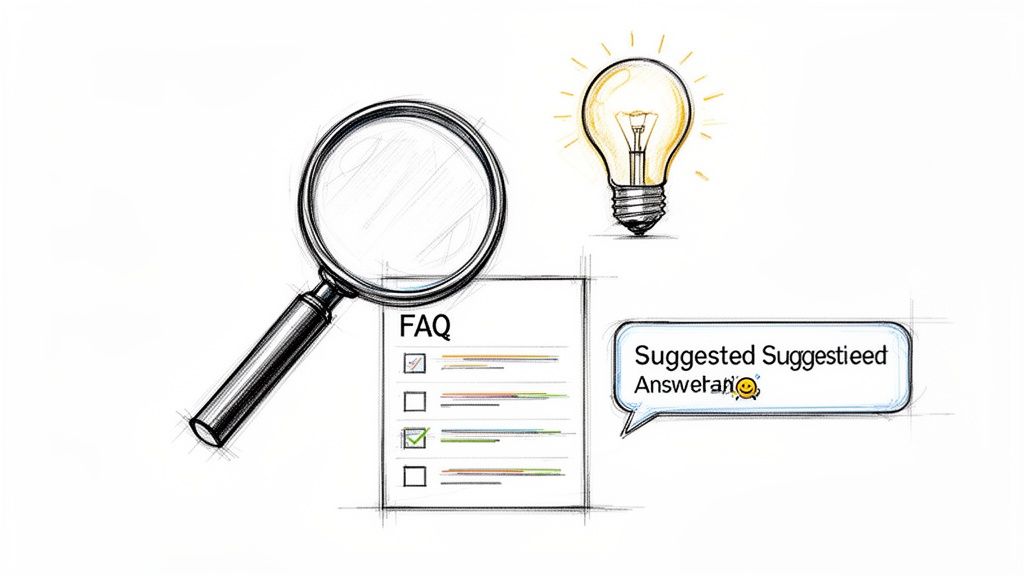 A sketch illustrating a magnifying glass, a lightbulb, an FAQ document, and suggested answers in a speech bubble.