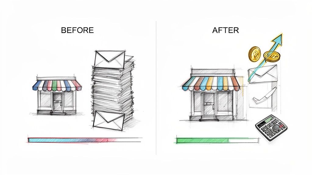Image comparing manual paper process before with efficient email management after, showing improved profits and green progress.