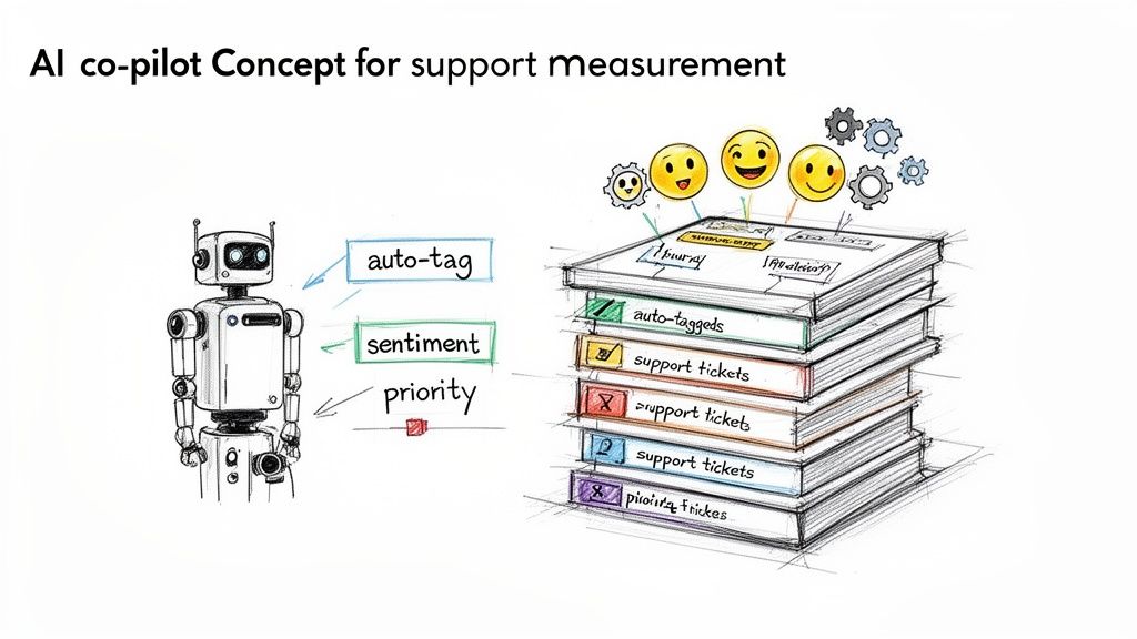 An AI co-pilot robot processes support tickets, performing auto-tagging, sentiment analysis, and priority assignment.