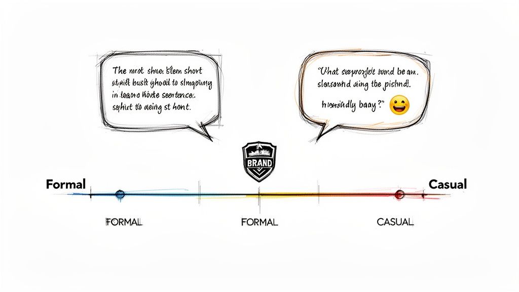 A spectrum illustrating communication styles from formal to casual, with text bubbles and a brand logo in the center.
