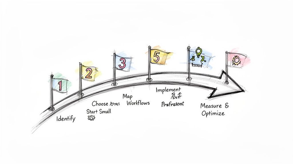 A visual diagram depicting a six-step process for workflow implementation and optimization.