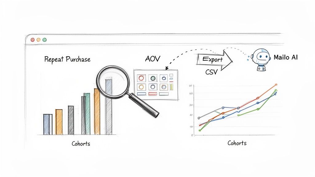 A diagram showing customer retention metrics: repeat purchase, AOV, and cohort analysis exported to Mailo AI.