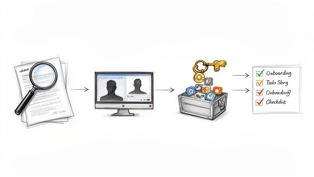 An illustrative diagram shows a process from document review to online profiles, app access, and task completion.