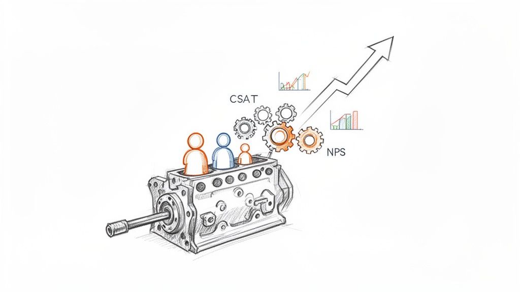 Drawing of an engine with people, gears, and metrics like CSAT, NPS, symbolizing customer service growth.