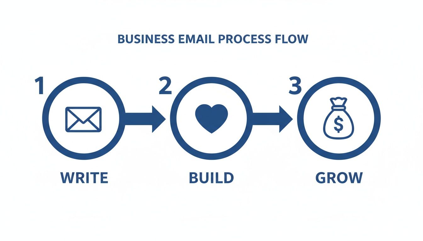 A three-step business email process flow diagram, showing write, build, and grow.