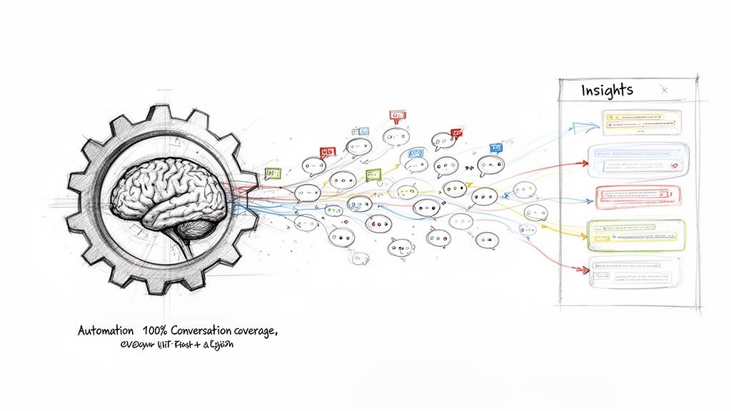Sketch of a brain in a gear processing chat bubbles into categorized insights, representing automated conversation analysis.