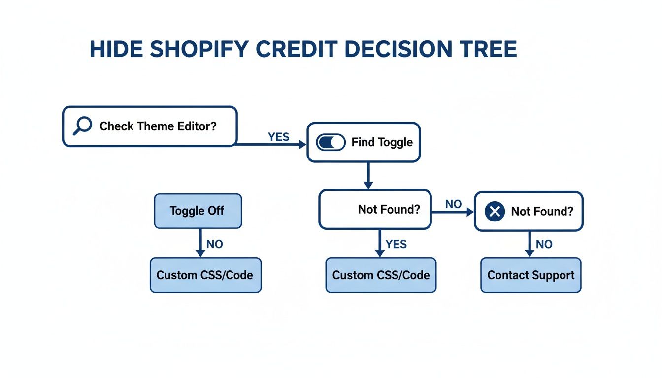 Decision tree flowchart showing steps to hide Shopify credit using theme editor or custom code.