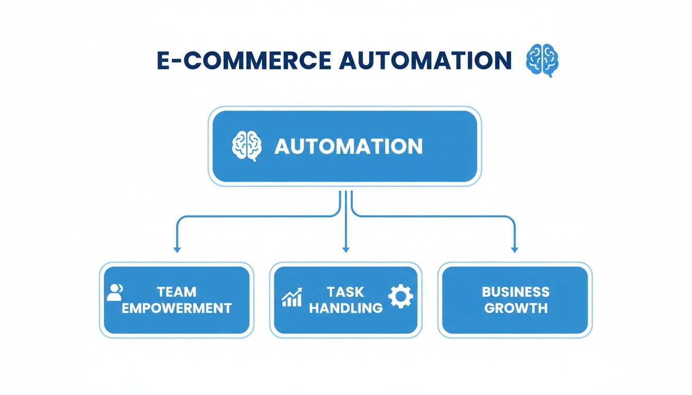 Diagram illustrating e-commerce automation benefits: team empowerment, efficient task handling, and business growth.