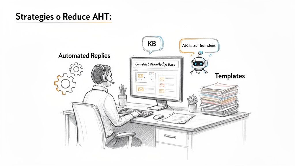 An agent uses a computer with a knowledge base, automated replies, and AI-assisted templates to reduce average handling time.