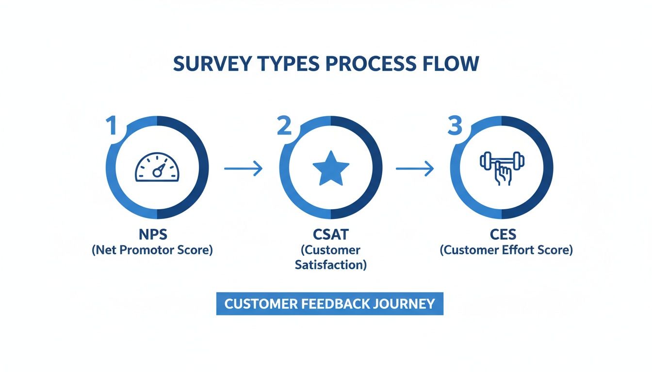 Infographic showing a process flow of three survey types: NPS, CSAT, and CES, for customer feedback.