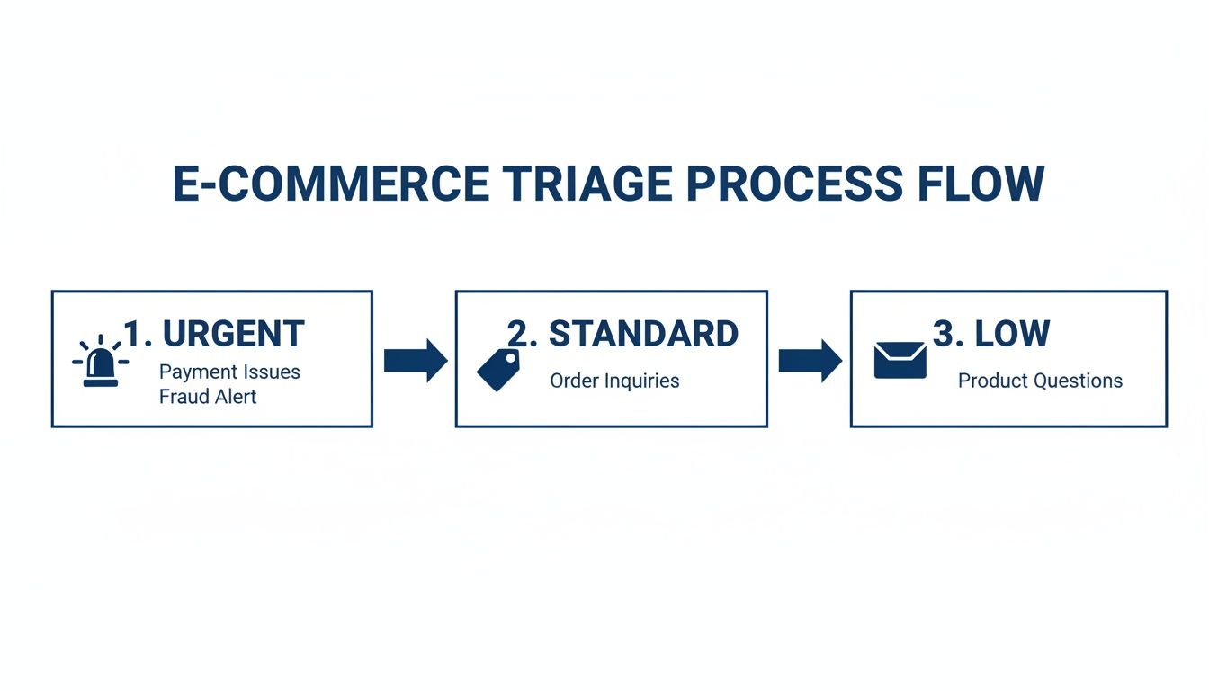 E-commerce triage process flow categorizing customer issues into urgent, standard, and low priorities.