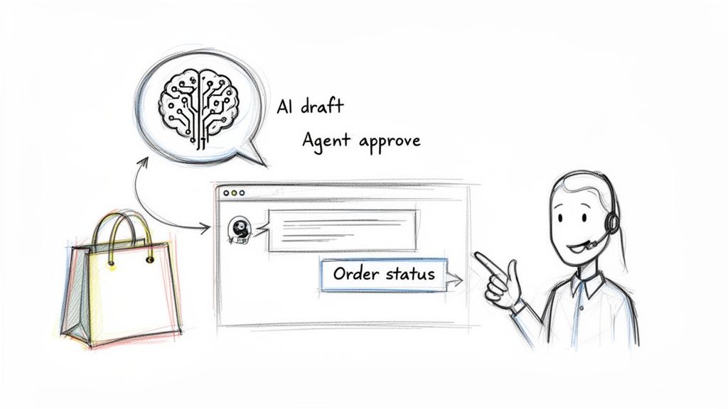 A hand-drawn diagram showing AI drafting messages for customer service agents who then approve them.