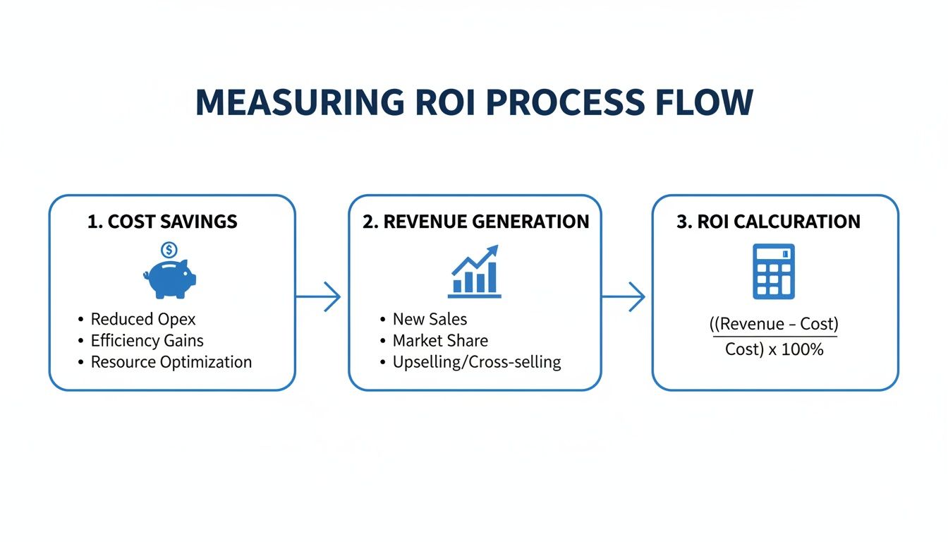 A flowchart illustrating the three-step process for measuring ROI: Cost Savings, Revenue Generation, and ROI Calculation.