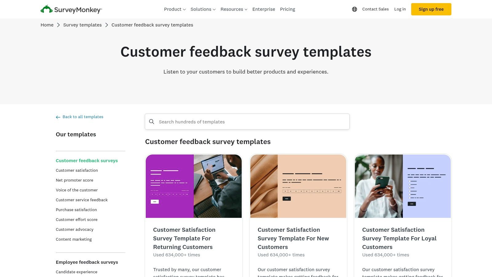 A screenshot of SurveyMonkey's template gallery, showing various customer feedback survey options.